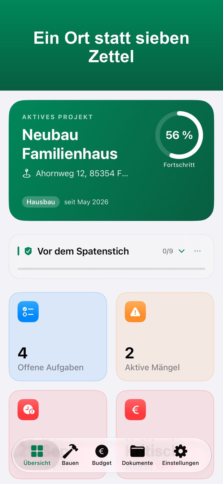 JZ Bauen Übersicht: Projekt Neubau Familienhaus mit Fortschritt, offenen Aufgaben, aktiven Mängeln, nächster Frist und Budgetstatus