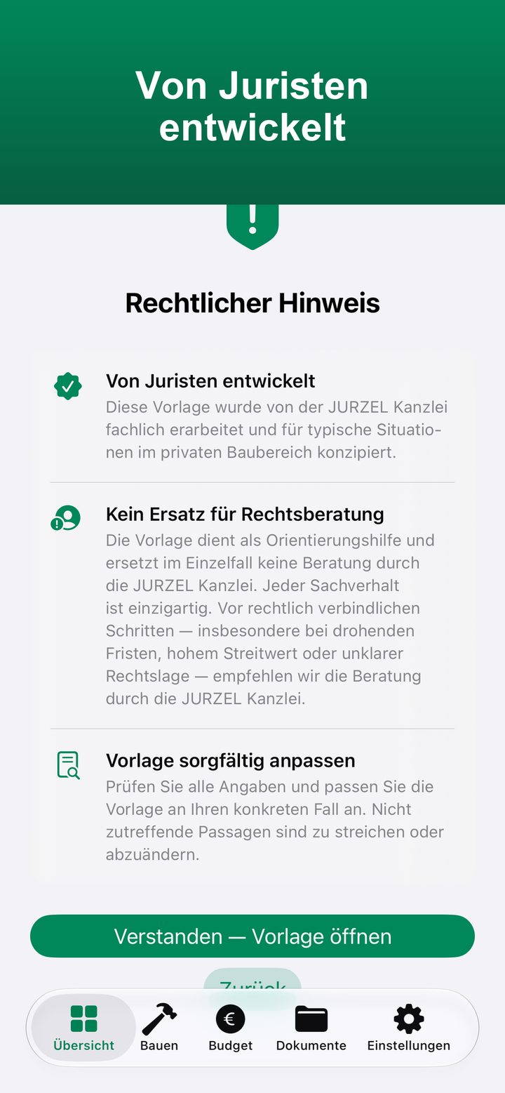 Rechtlicher Hinweis vor dem Öffnen einer Vorlage: von Juristen entwickelt, kein Ersatz für Rechtsberatung