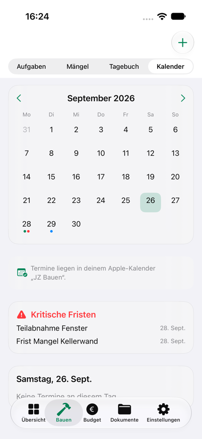 Projektkalender mit Schnellaktionen